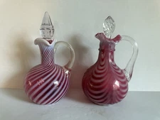 Fenton Cranberry Opalescent Swirl Optic & Drapery Optic Pair Of Cruets