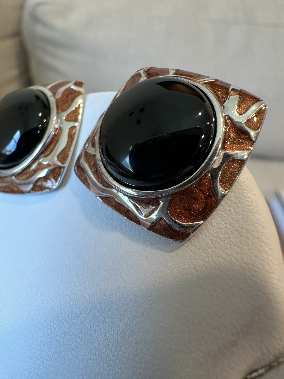 Statement Earrings Black Stone Copper Tone Enamel… - image 2