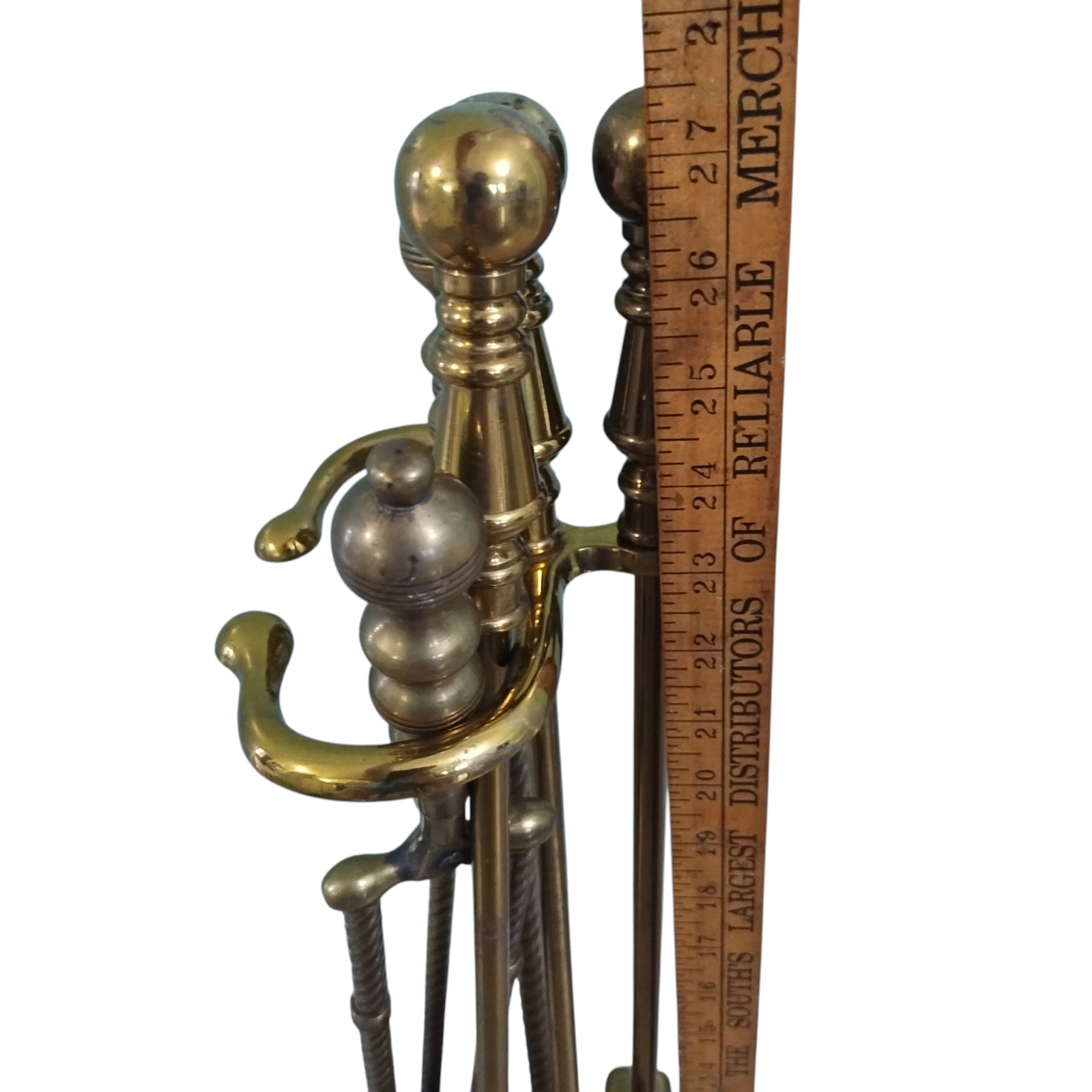 Vintage Mixed Brass Fireplace Tool Set and Stand 6 pc