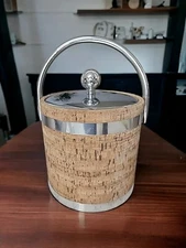 Vintage MCM Kraftware Cork Ice Bucket with Silver Chrome Lid Handle & Trim READ