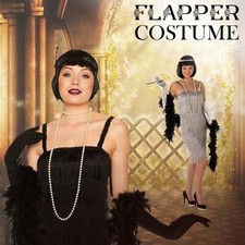 Ladies Black & Silver 1920s Flapper Charleston Gatsby Outfit Costume Fancy Dress