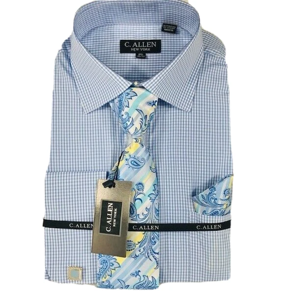 Camisa de vestir C. Allen para hombre azul blanco a cuadros azul amarillo corbata pañuelo tallas 16,5-20,5 Foto 3 de 3