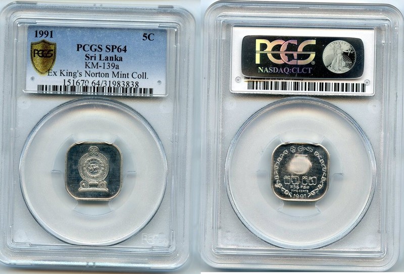 Sri Lanka 5 cents 1991 SPECIMEN NOT LISTED IN KRAUSE PCGS SP64, ex-King's Morton