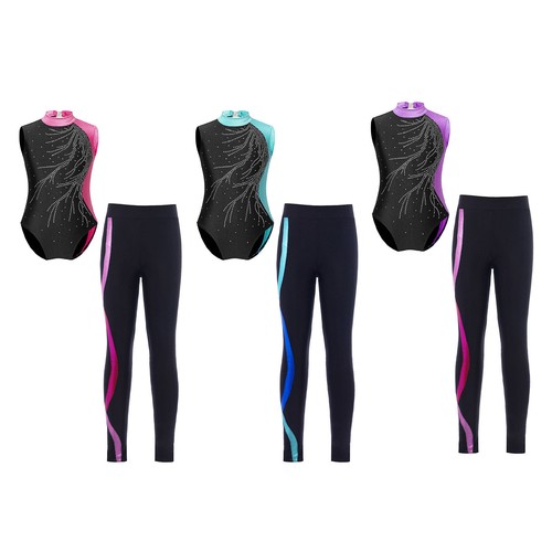 Kids Girls Dancewear Sport Outfit Shiny Set Leotard Mock Neck Performance Yoga - Picture 2 of 48