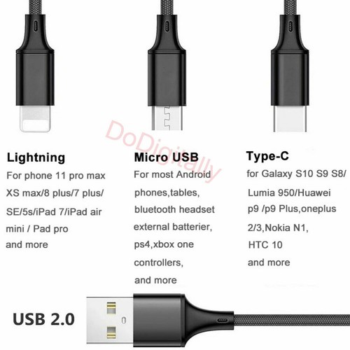 Mobile Phone Charging Cable 3in1 Type-C Micro USB iOS for iPhone Samsung Huawei - Picture 4 of 26