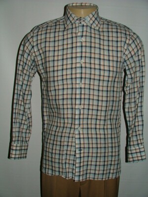 MENS SAKS FIFTH AVENUE CASUAL SHIRT SIZE M 100% LINEN WHITE BLUE PLAIDS #090