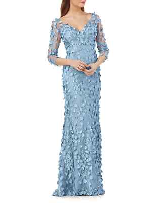 CARMEN MARC VALVO Infusion Sky Blue Floral Applique 3D V-Neck Trumpet Gown 0 XS