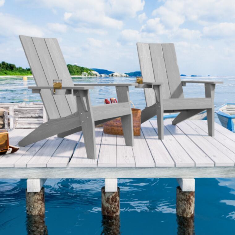 Charcoal Grey Polywood Adirondack Chair with Cup Holder, Outdoor Patio