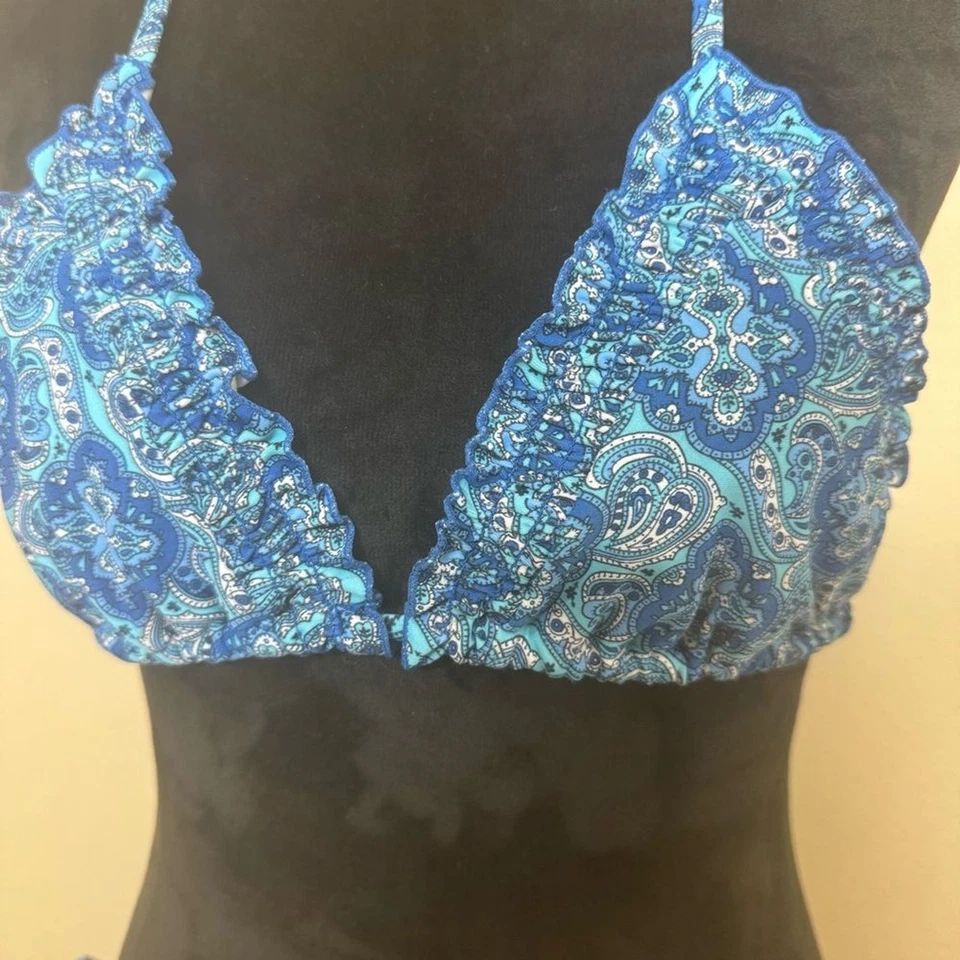 Antiguo Bikini Azul Marino Mujer Pequeño Paisley Volantes Ribete Halter Cuerda Azul Foto 3 de 4