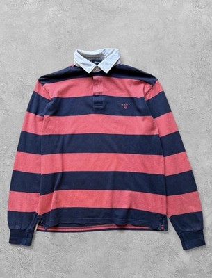GANT Mens Rugby Polo Shirt Size L Navy Red Striped Cotton Long Sleeve