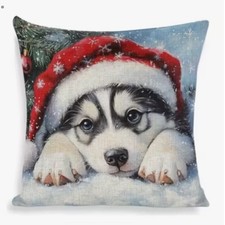 Husky Dog Santa Holiday Double Sided Christmas Throw Pillow Cover Home Decor
