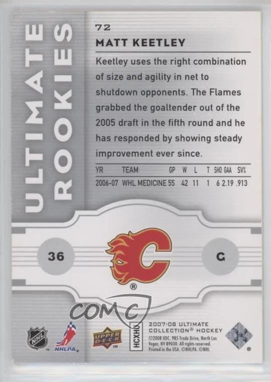 2007-08 Ultimate Collection Ultimate Rookies /499 Matt Keetley #72 Rookie RC - Image 2 of 2