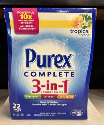 Purex Complete 3-in-1 Laundry Sheets Tropical Escape Detergent Softener 22 Loads