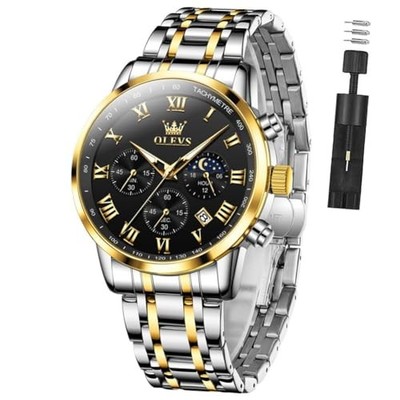  Mens Watches Luxury Big Face Waterproof Stainless G5529-Silver Gold-Black