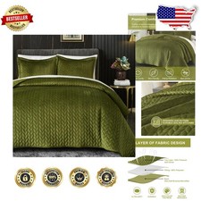 Luxury Green Velvet Quilt Set Queen Oversized 3PC Floral Leaf Embroidery All ...