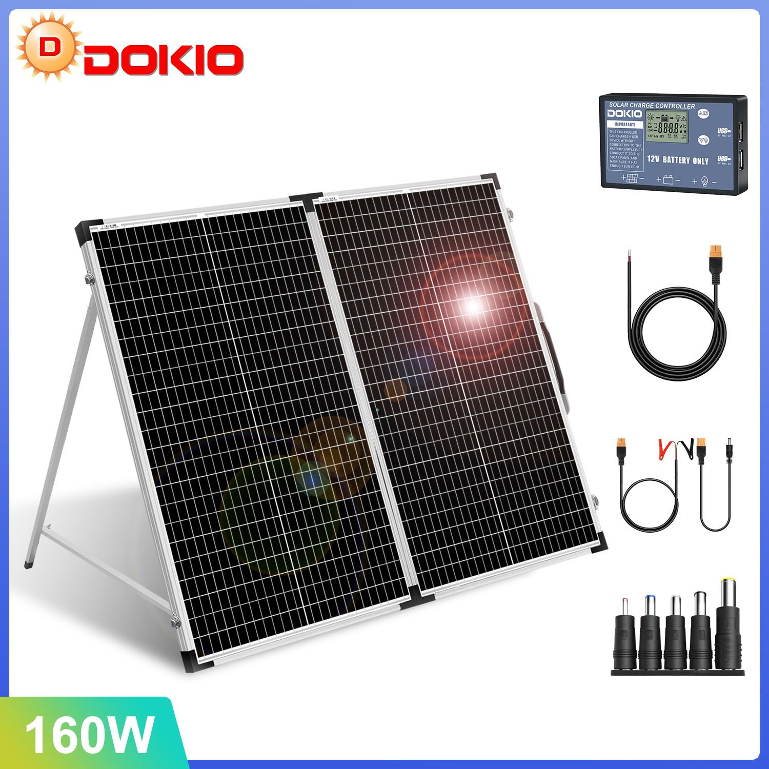 Dokio Panel Solar 160W 12v Cristal Plegable Portátil Kit Camping Autocaravana Batería
