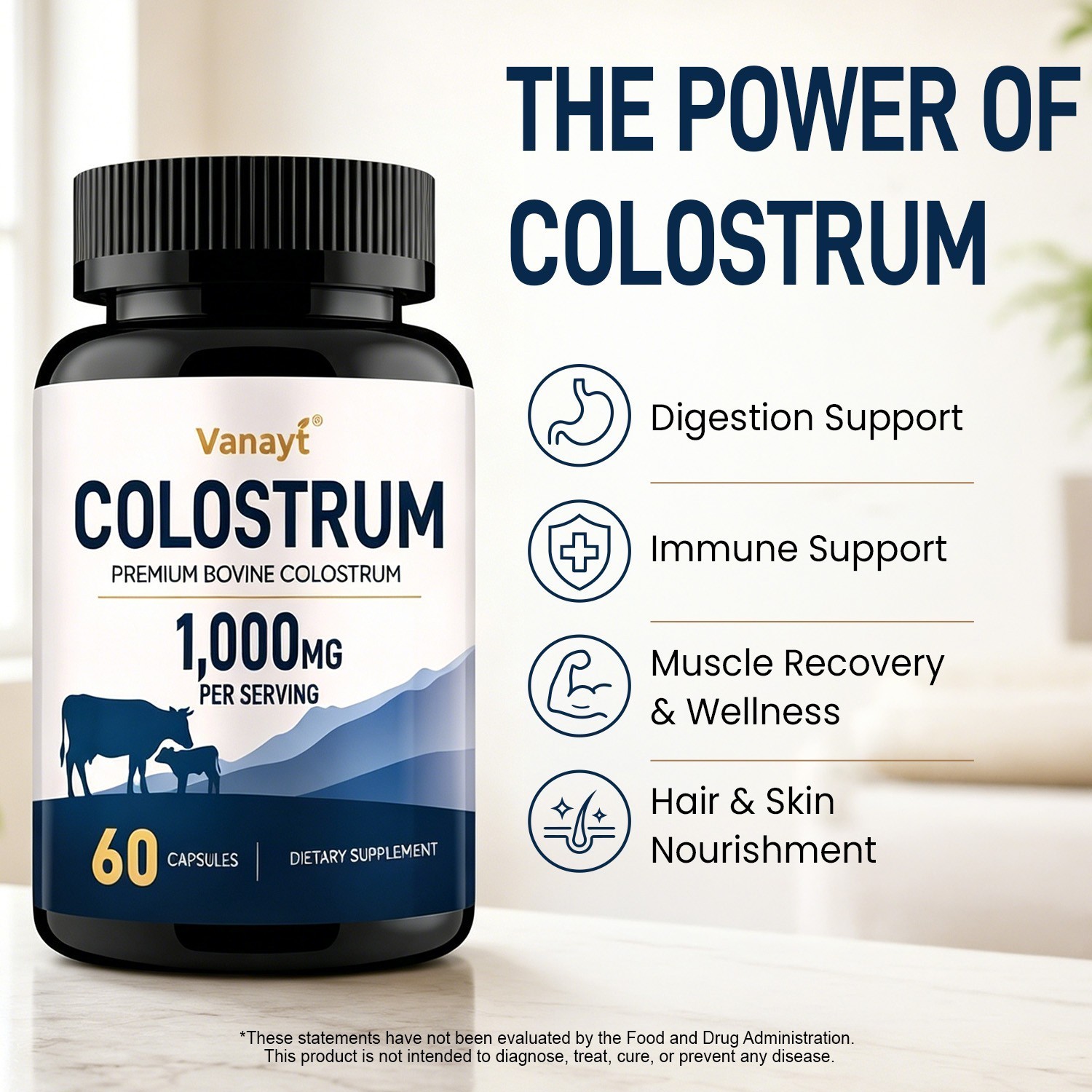 Colostrum Capsules for Gut Health, Hair Growth, Beauty & Immune Support 60 Pills