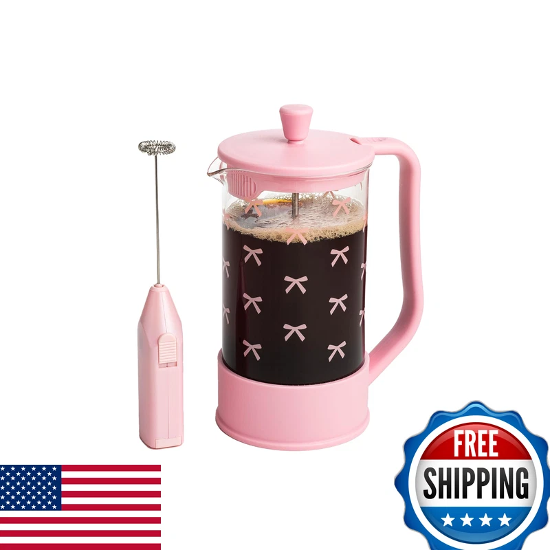Paris Hilton Bow Design French Press And Frother Coffee Gift Set Includes A