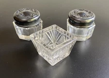 Antique Cut Glass Salt Cellars w/ Silverplate Lids – 3 Pc Vanity or Table Set