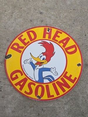 VINTAGE RED HEAD GASOLINE PORCELAIN SIGN, GAS STATION, PUMP SIGN  12''.