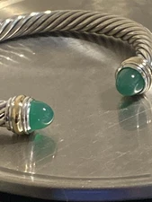 David Yurman 925 Sterling Silver 7mm Green Onyx  and  585 Gold Cable Cuff Medium