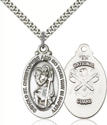 Sterling Silver St Christopher National Guard Medal Pendant Necklace 18'' Chain