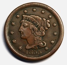 1855 N-4 Upright 5's Braided Hair Large Cent XF