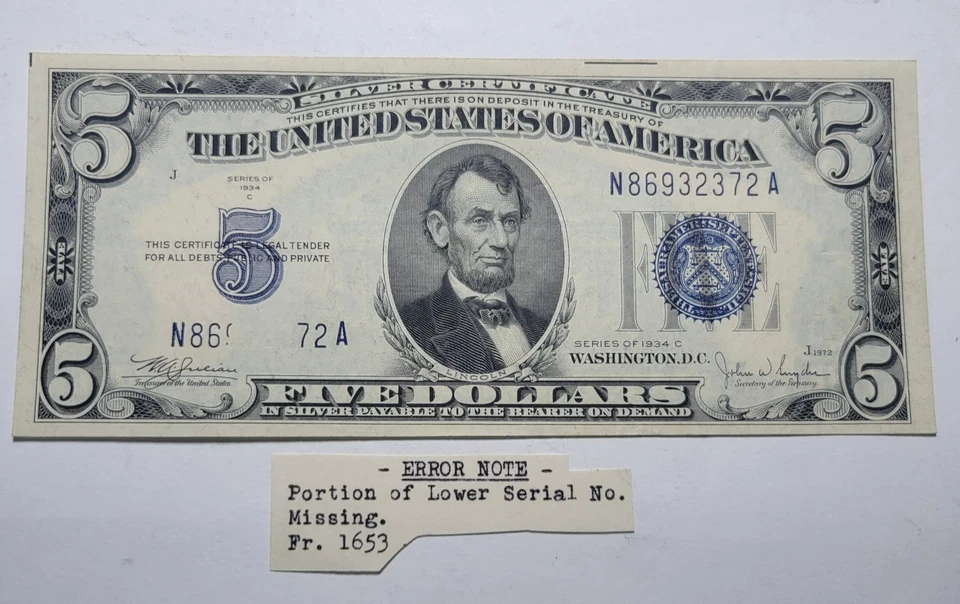 1934 C Silver Certificate $5 Dollar Note ~ Obstructed Print ERROR Serial# ~ChUnc - Image 2 of 4