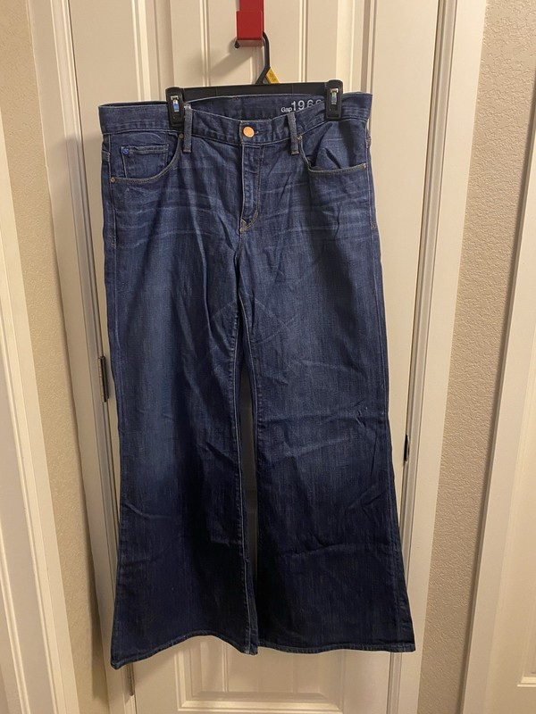 Gap 1969 Jeans 14 32 High Rise Trouser Stretch Dark Blue Denim Wide Leg Flare 