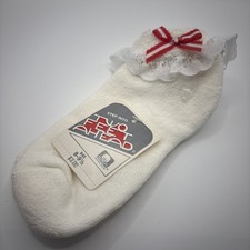 1 Pair Women's Vintage Terry Cuff Socks White Lace With Red Bow 8-9.5 80s 90s