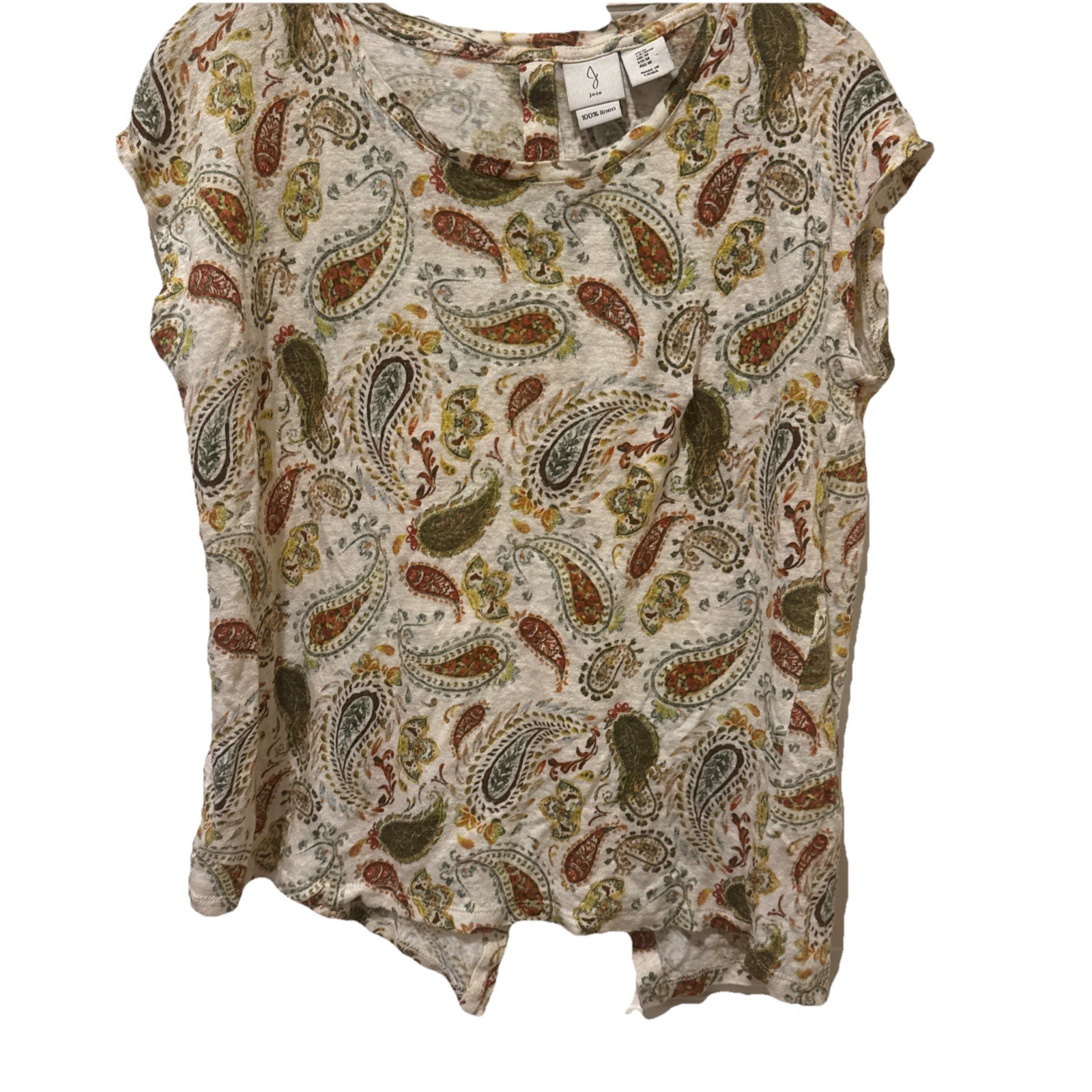 Joie 100% Linen Ivory Green Paisley Top Womens Size M Button Back Cap Sleeves
