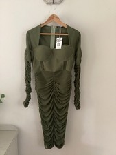BNWT Ladies Bella Barnett Green Mesh Rouched Bodycon Dress, UK Size L, Tagged