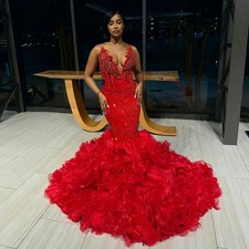 Shiny Red Prom Dress For Black Girls Ruffles Crystal Beaded Mermaid Party Gown