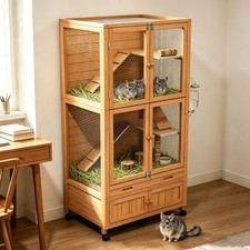Wooden Chinchilla Cage Large Animal Cage with Wheels and Storage Cabinet