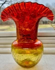 Blenko Amberina Orange Amber Crackled Glass Vase Hand Blown Ruffled Edge