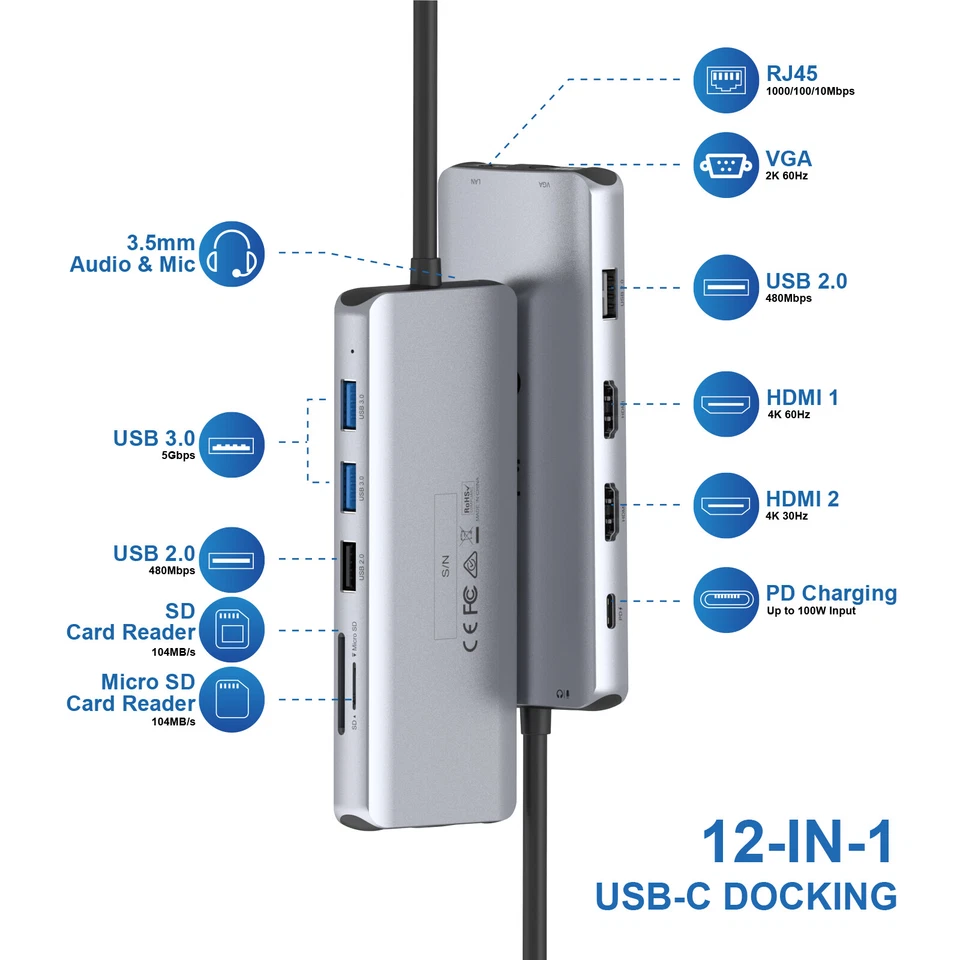 Concentrador/estación de acoplamiento/adaptador USB C 12 en 1, HDMI 4K/2K VGA, triple pantalla, 89 W PD Foto 3 de 4
