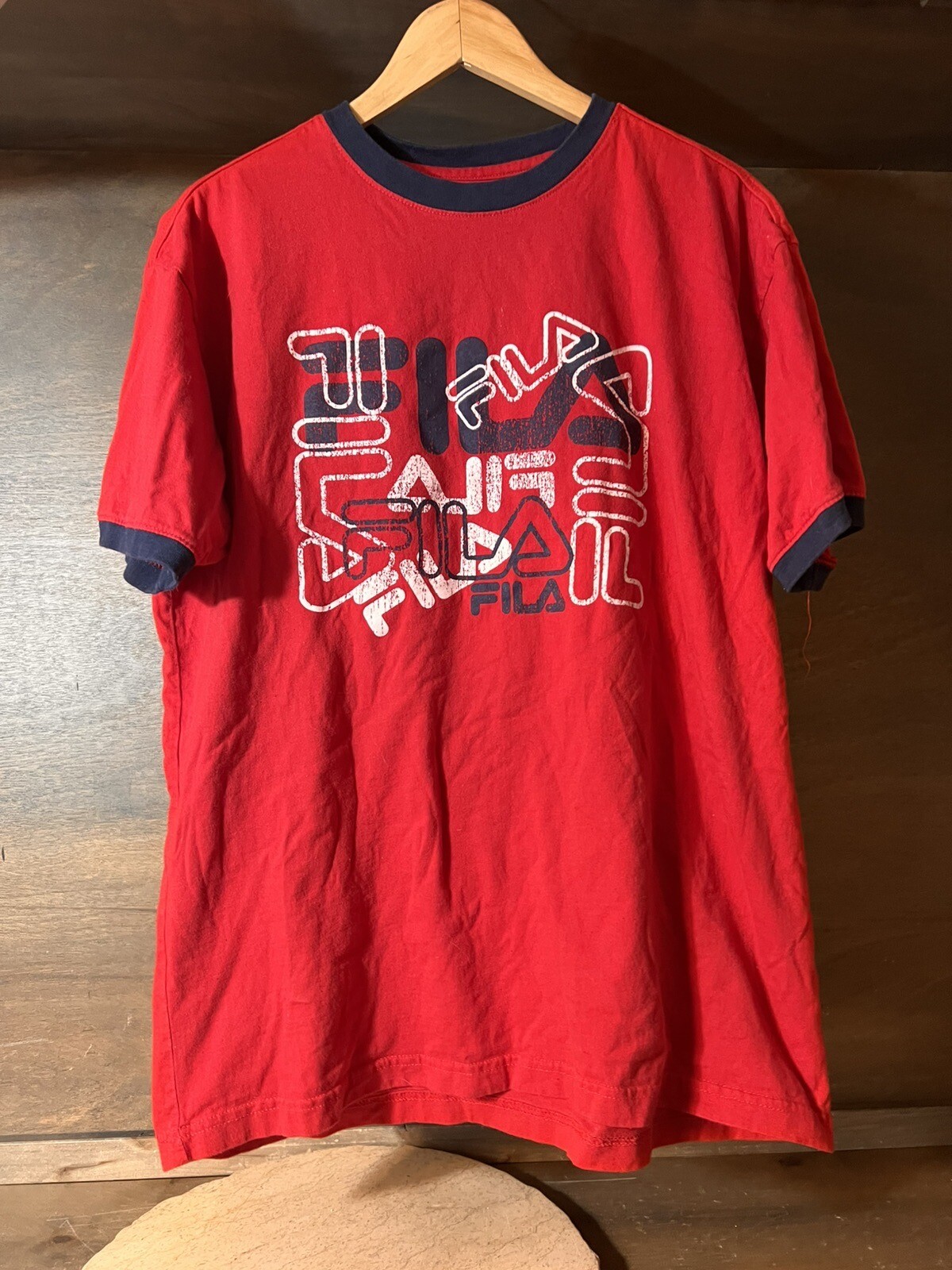 FILA Camicia Adulto XL Uomo Manica Corta Girocollo ROSSO Grafica T shirt Cotone Vintage