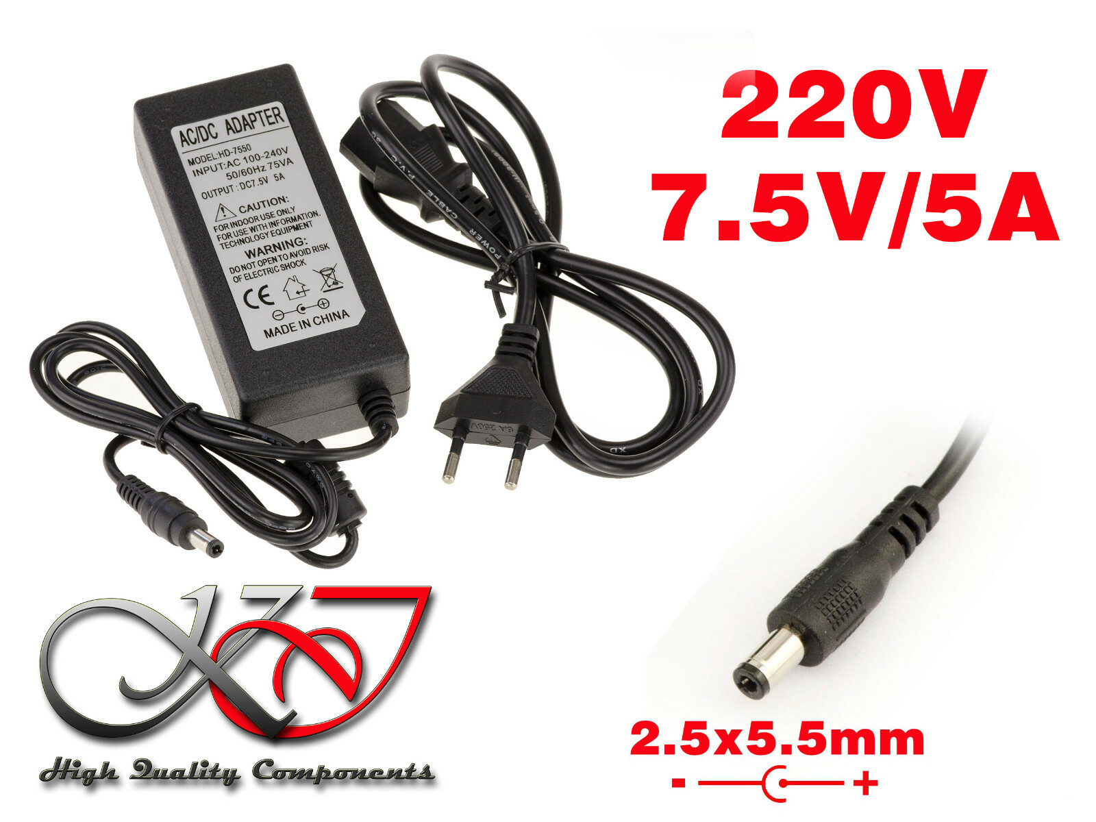 Alimentazione Esterno AC Dc 220V A 7.5V 5A - Attacco 2.5mm x 5.5mm