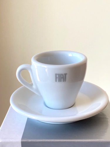 Nuova Point Fiat Argento Silver Text on White Espresso Cup & Saucer w/ Box