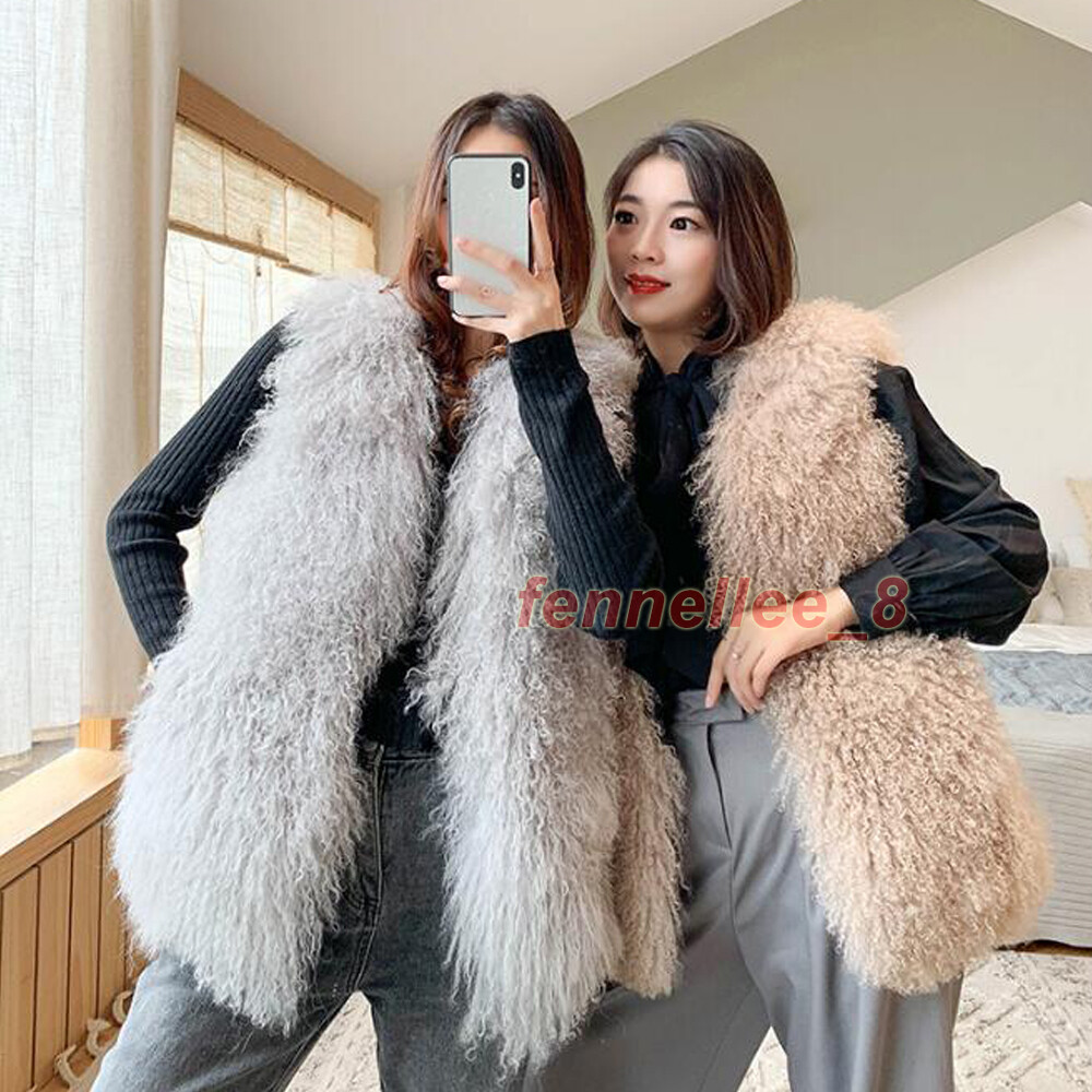 Women Real Mongolian Lamb Fur Vest Curly Long Fur Waistcoat Warm