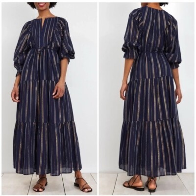 Apiece Apart Francesca Bib Tiered Long Sleeve Maxi Dress Metallic Stripe Size 12