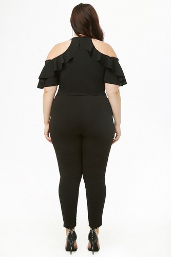 FOrever 21 Black Plus Size Ruffle-Trim Open-Shoulder Jumpsuit 2X - Picture 2 of 4