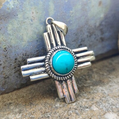 Navajo Turquoise Zia Pendant 925 Sterling Silver New Mexico Zia Sun Jewelry