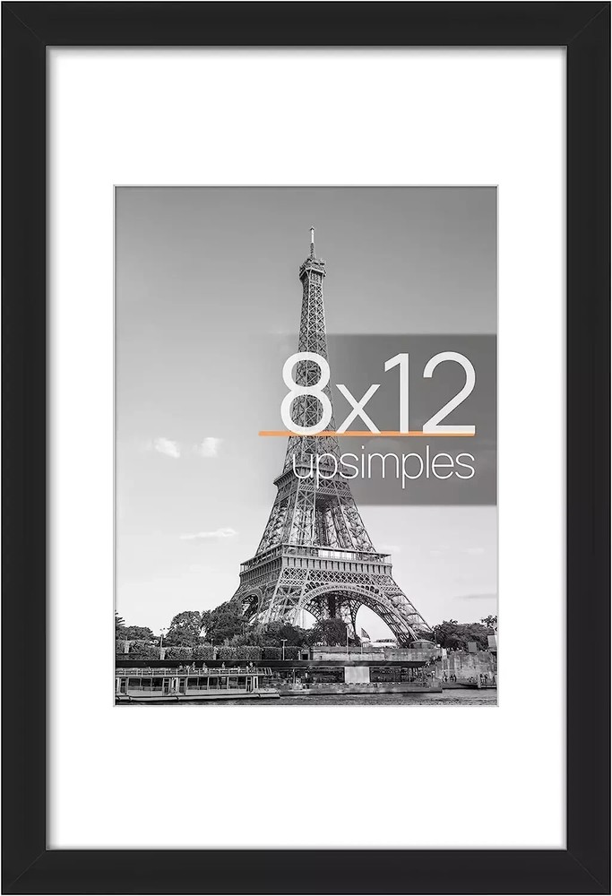 Picture Frame 8X12 , Display Pictures 6X8 with Mat or 8X12 without Mat, Black
