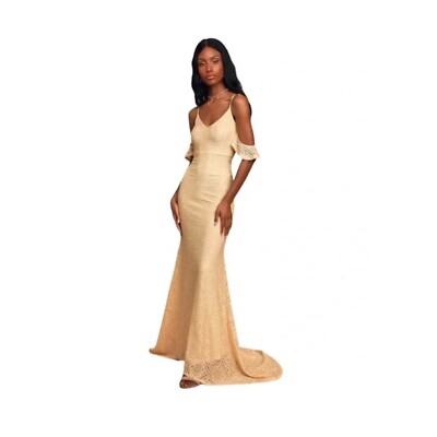 NWT Lulus Declare My Love Cream Lace Cold-Shoulder Mermaid Maxi Dress Size S