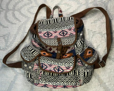 Aztec Print Backpack Black White Pink with Draw String Multiple Pockets Space