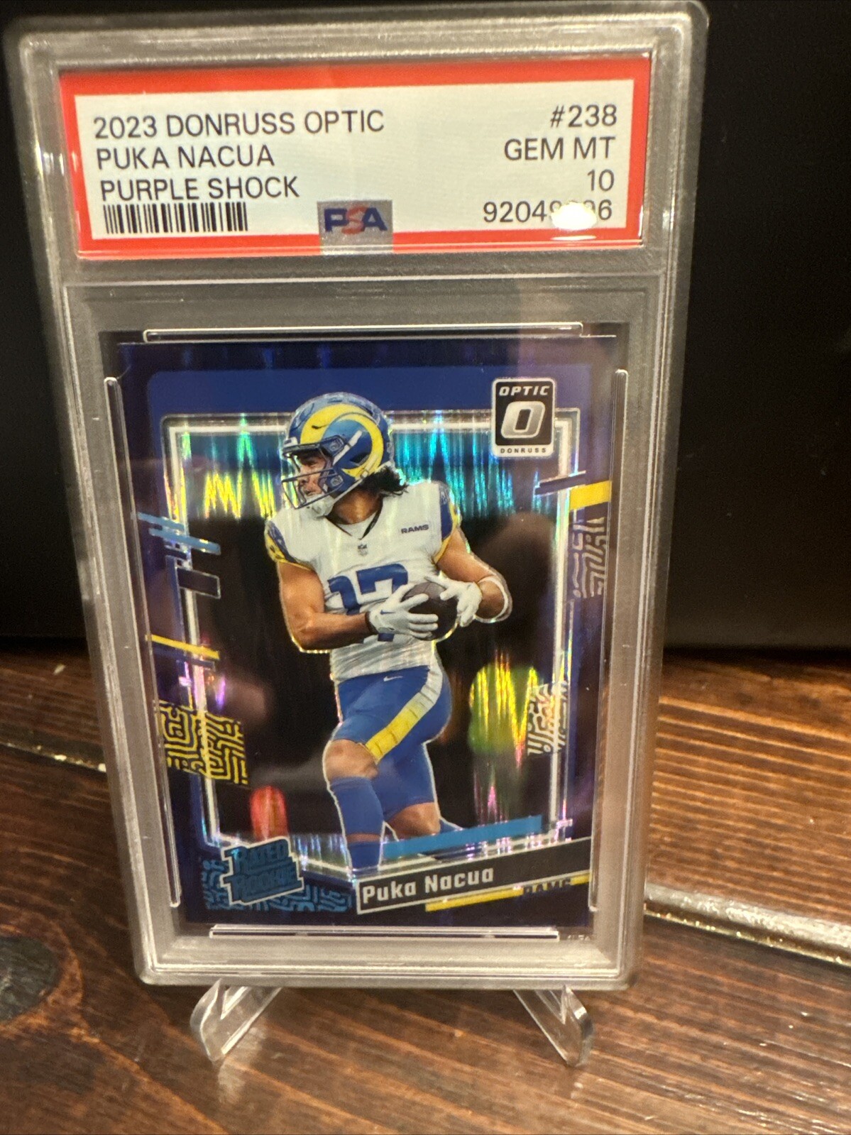 PUKA NACUA 2023 DONRUSS OPTIC 238 RC ROOKIE PURPLE SHOCK RAMS SP PSA 10 GEM MINT