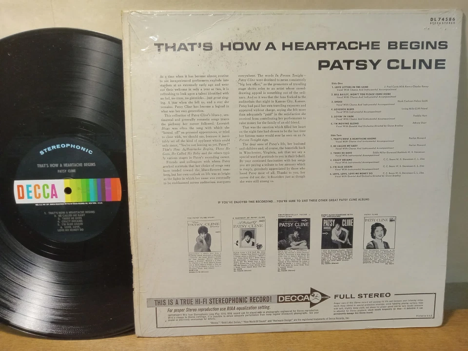 PATSY CLINE That’s How A Heartache Begins LP NM w/ SHRINK, Decca STEREO DL 74586 - Image 3 of 4