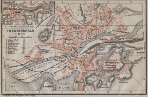 HALDEN Fredrikshald antique town city byplan. Norway kart. BAEDEKER 1912 map - Afbeelding 1 van 2