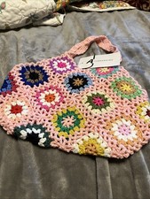 Bohemian Crochet Granny Square Small Bag Pink Multi Color 11 x8 Unlined NWT